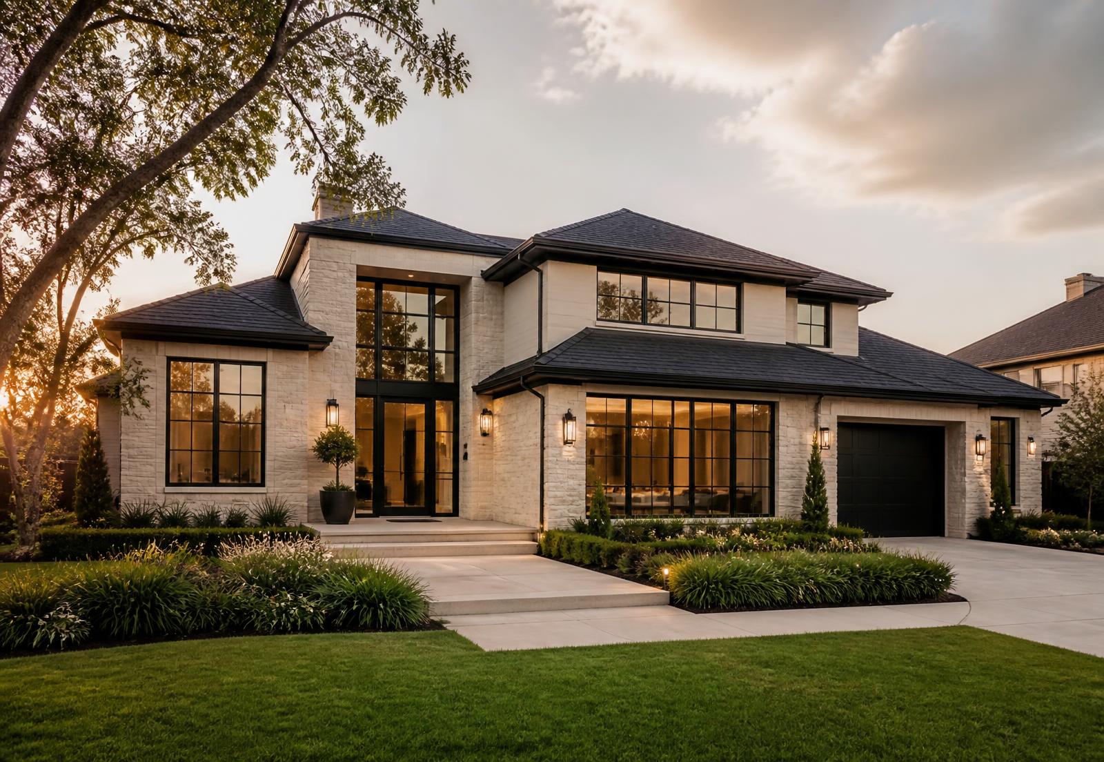 Modern Dallas home with a manicured lawn at golden hour