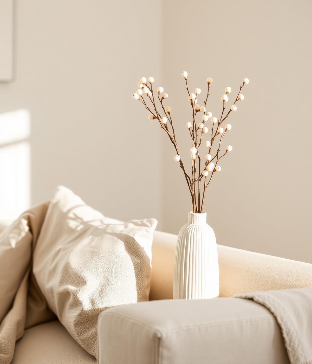 Calm, tidy living room with linen cushions and a ceramic vase