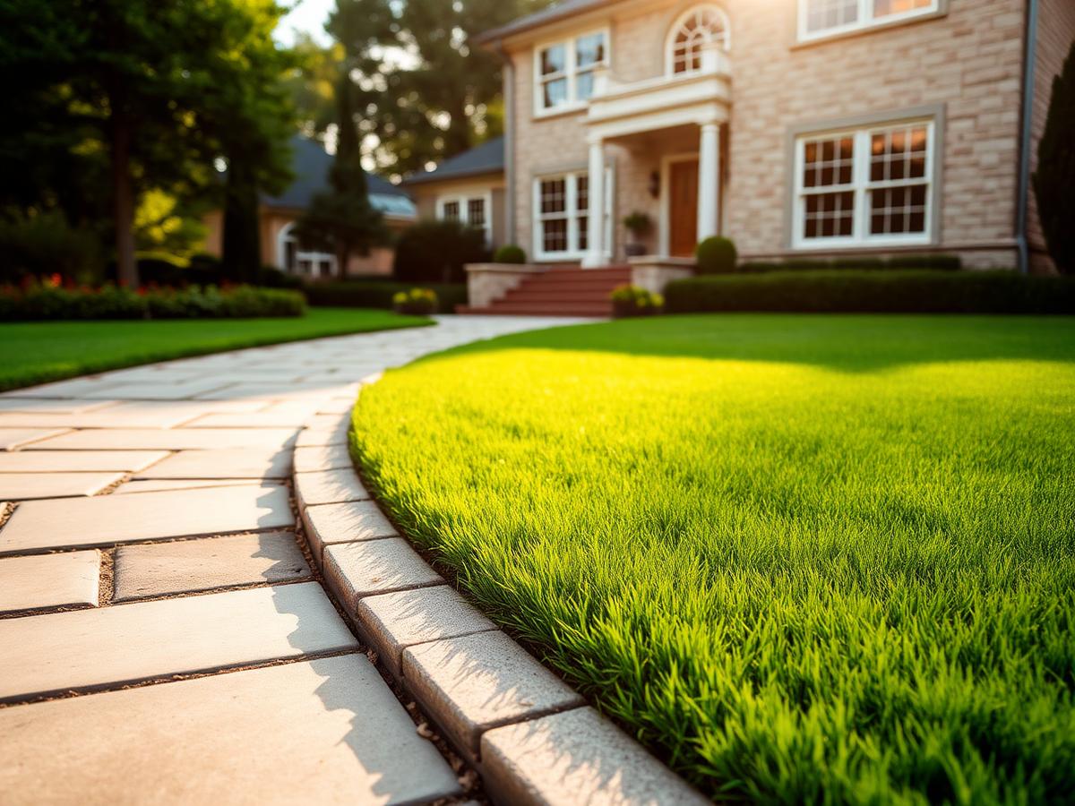 Freshly mowed lawn with crisp edging beside a stone walkway